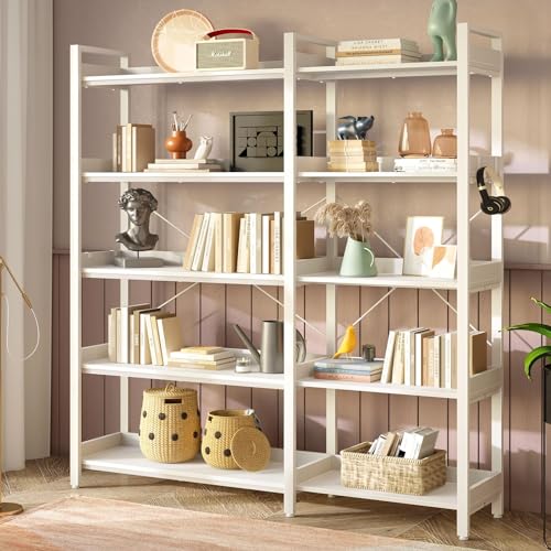 Corner Bookshelf 5-Tier with Hooks, Industrial Wooden Bookcase, Rustic Brown A796