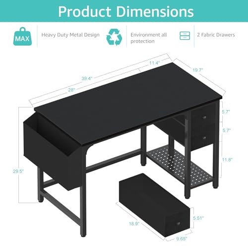 Computer Desk with Fabric Drawers, 40 Inch Reversible Gaming Desk for Small Space Home Office D876