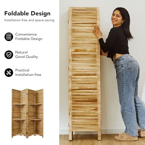 Folding Room Divider with Shelves, 6 Panels, Brown D785582