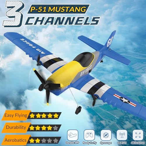3 Channel RC Plane P-51D Mustang, Remote Control Airplane Ready to Fly, 2.4GHz 6-axis Gyro Stabilizer, Easy to Fly for Kids & Beginners G5520
