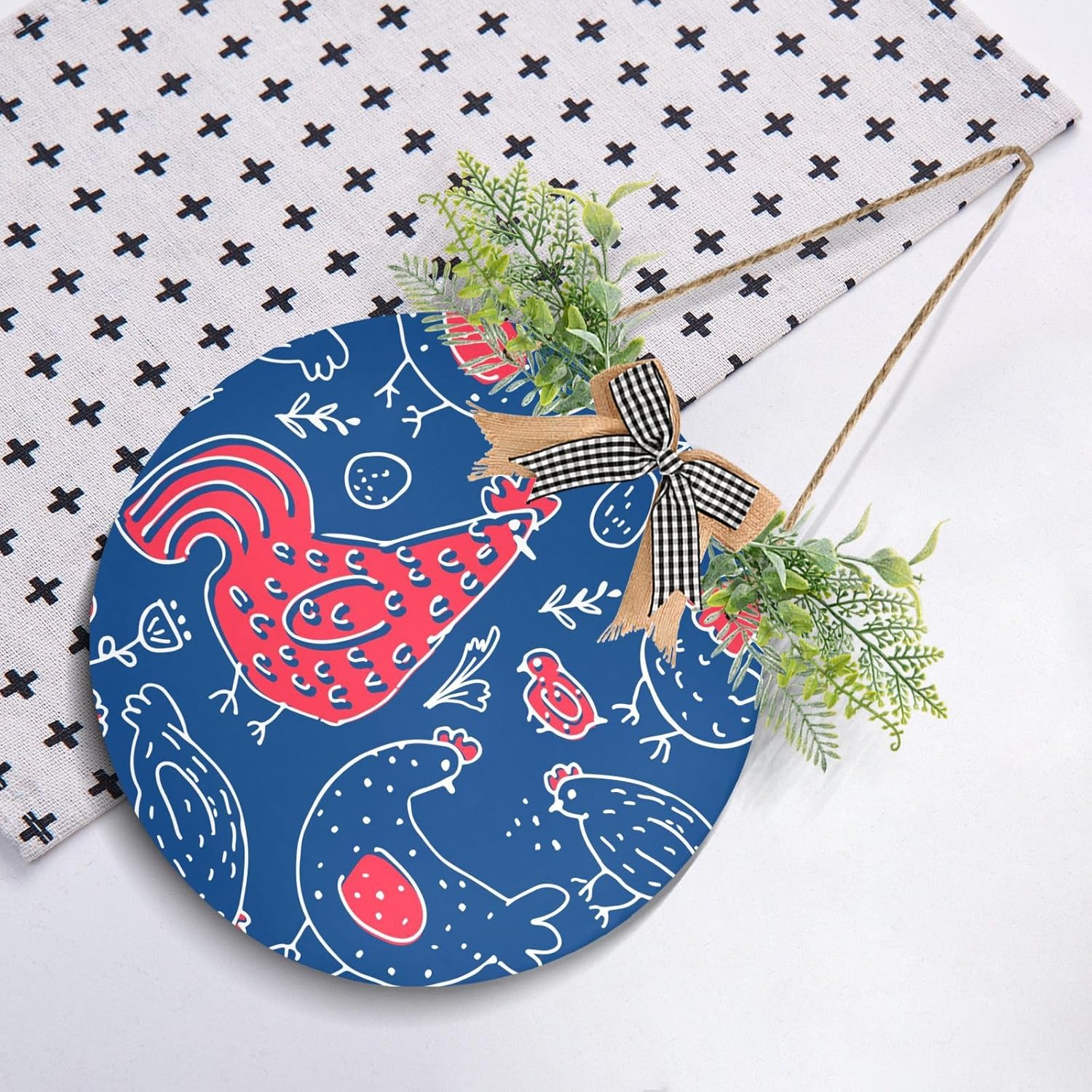 Chicken Rooster Door Wreath for Front Door, Round Hanging Home Decor Q59487