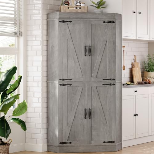 Corner Pantry Cabinet with 4 Doors and Shelves, Grey G77757