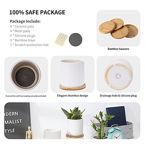 Ceramic Plant Pots with Drainage Holes and Bamboo Saucers, Set of 4, White A8472