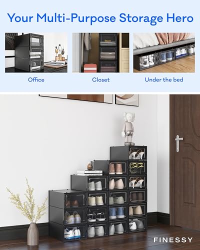 Shoe Organizer Box for Closet, Plastic Clear Stackable with Lids, 12 Pack Q7685