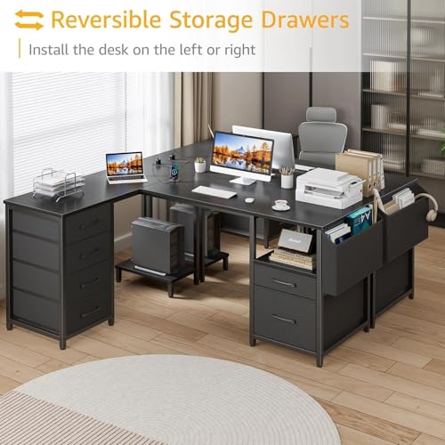 L Shaped Gaming Desk with Storage Drawers and Power Outlets I94529