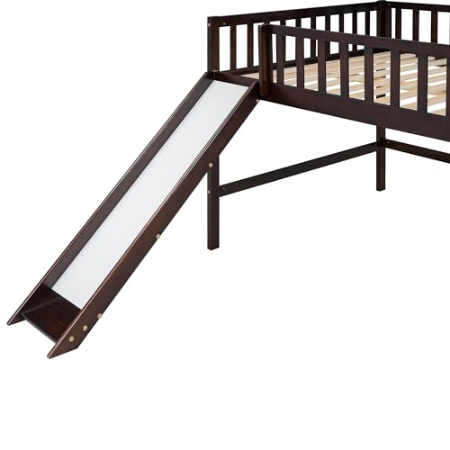 Wood House Loft Bed Frame with Slide and Storage Shelves Z806