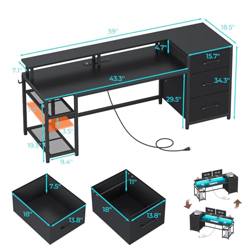 Office Desk with Drawers, Reversible Computer Desk with Storage, LED Lights & Power Outlet, Rustic Brown X65554