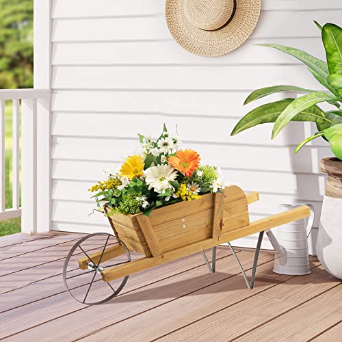 Wood Wagon Planter with Wheelbarrow Cart, Indoor Outdoor Raised Bed X798347
