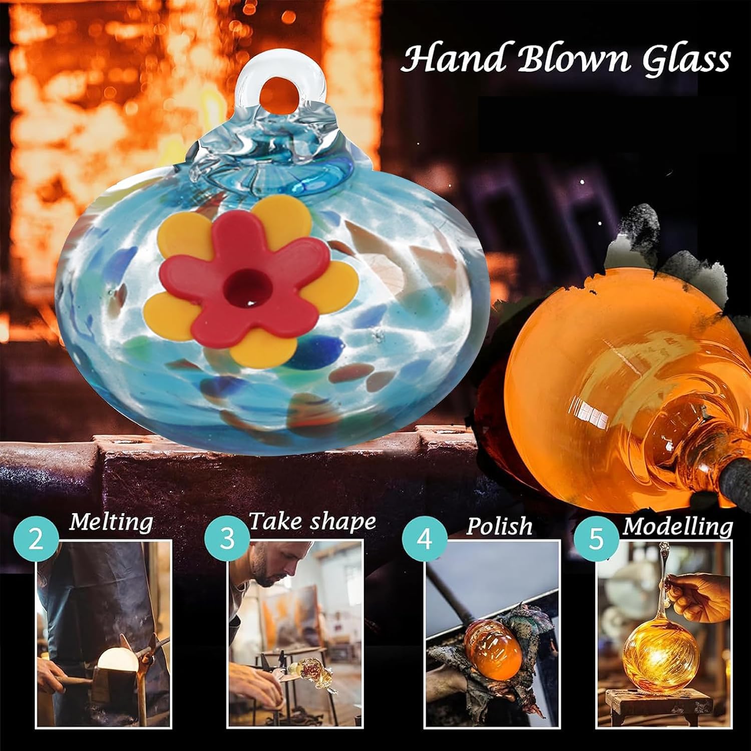 Hand Blown Glass Hummingbird Feeder for Outdoors Hanging J3956