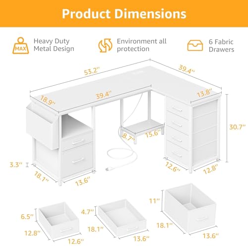L Shaped Gaming Desk with Storage Drawers and Power Outlets I94529