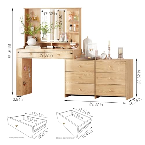 Large Makeup Vanity Desk with Mirror and Lights, 8 Drawers, Power Outlet B666