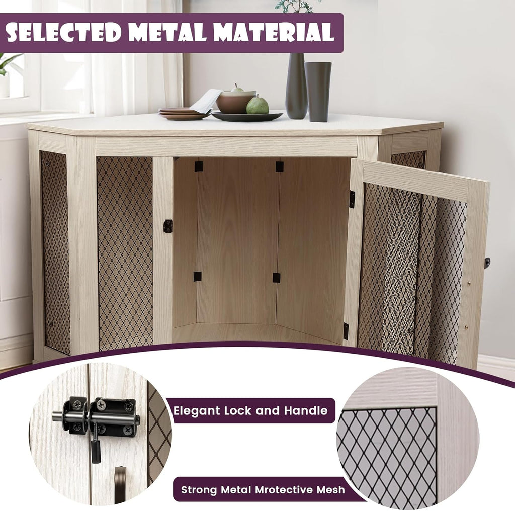 Wooden Corner Dog Crate Furniture with Metal Mesh for Indoor Use F604817