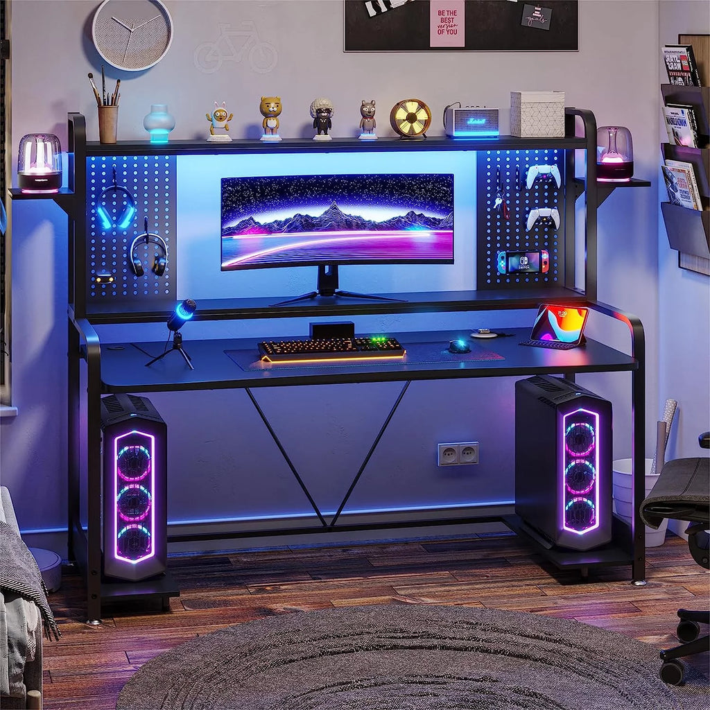 Gaming Desk with Hutch and Shelves, LED Lights, Monitor Shelf, Black B371