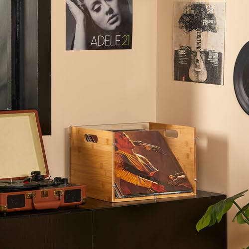 Bamboo & Acrylic Vinyl Record Storage Crate with Handle G916