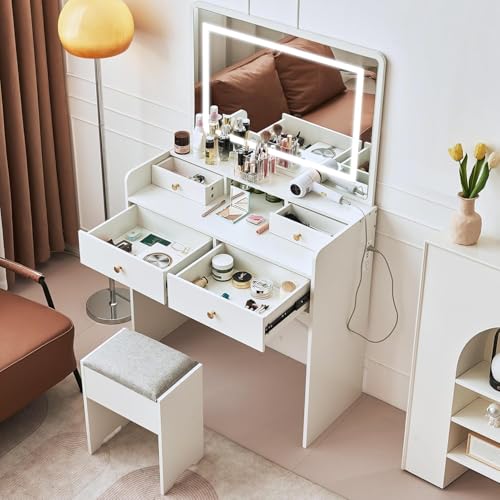 Vanity Desk with Mirror and Lights, Makeup Table with Drawers and Stool B20199