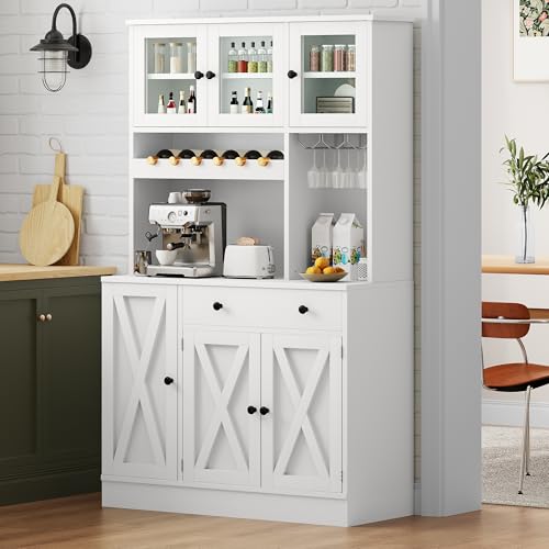 Kitchen Pantry Cabinet with Wine Rack & Power Outlet, 71" H Tall Storage Cabinet with Doors and Shelves W56221