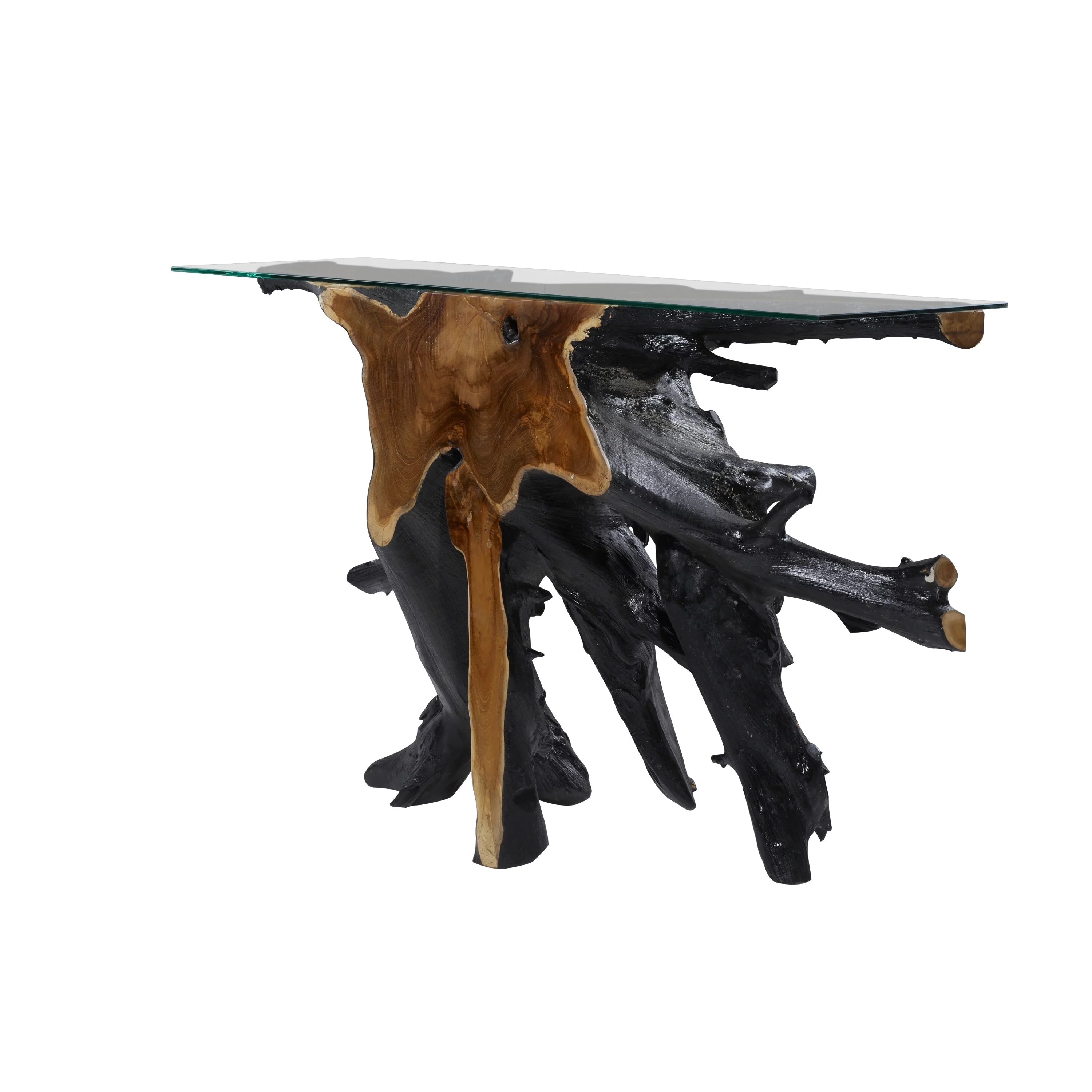 Black Teak Wood Live Edge Console Table with Clear Glass Top X4060