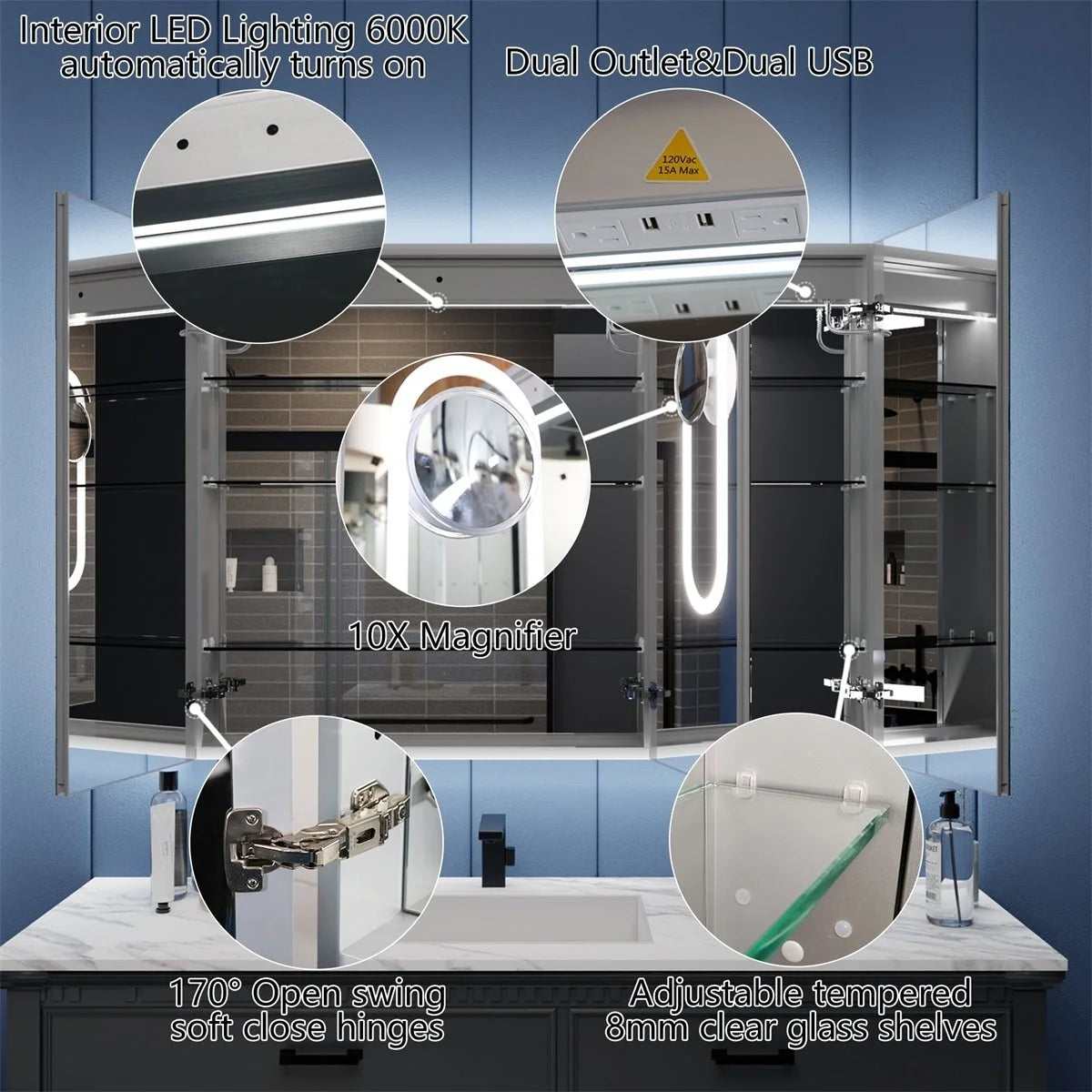 LED Lighted Inset Mirrored Medicine Cabinet with Magnifiers Z695