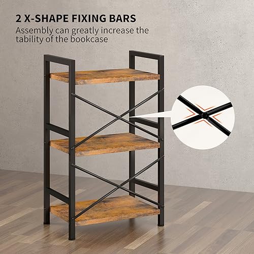 3 Tier Industrial Bookcase, Rustic Etagere Bookshelf for Living Room U5786