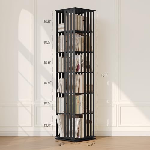 Rotating Bookshelf Tower, 360 Spinning Bamboo Bookcase, 6 Tier Floor Standing Storage Rack U3081