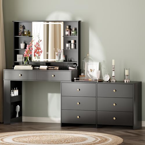 Large Makeup Vanity Desk with Mirror and Lights, 8 Drawers, Power Outlet B666