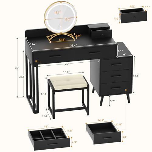 White Vanity Desk with Mirror and Lights, 6 Drawers and Stool Z334