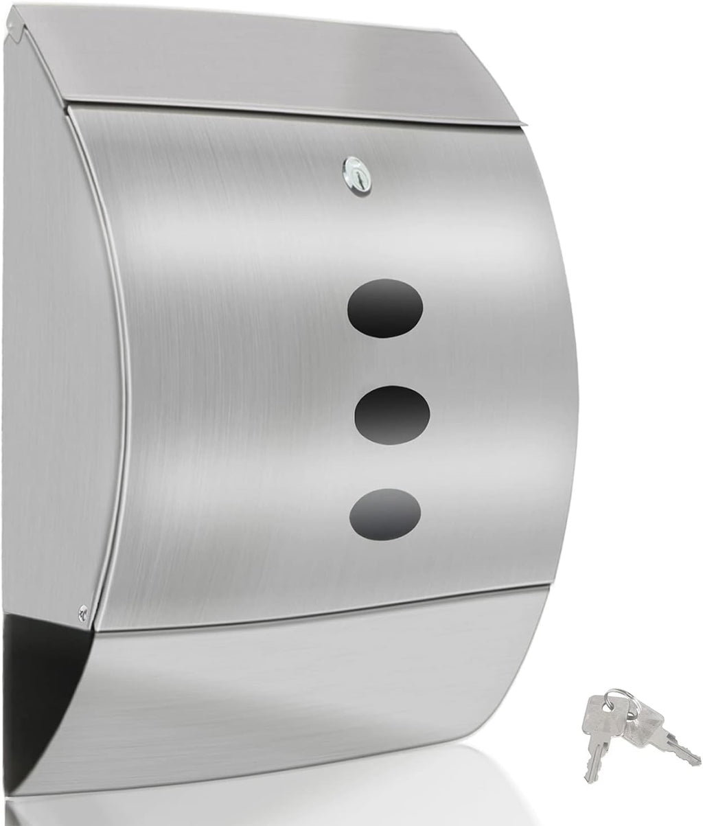 Stainless Steel Mailbox, Large Capacity Wall-Mount Mailbox, Locking Mailbox with Key Lock, Mailboxes for Outside House with Newspaper Holder - Rust Proof, 15.6" x 11.7"x 4.7"