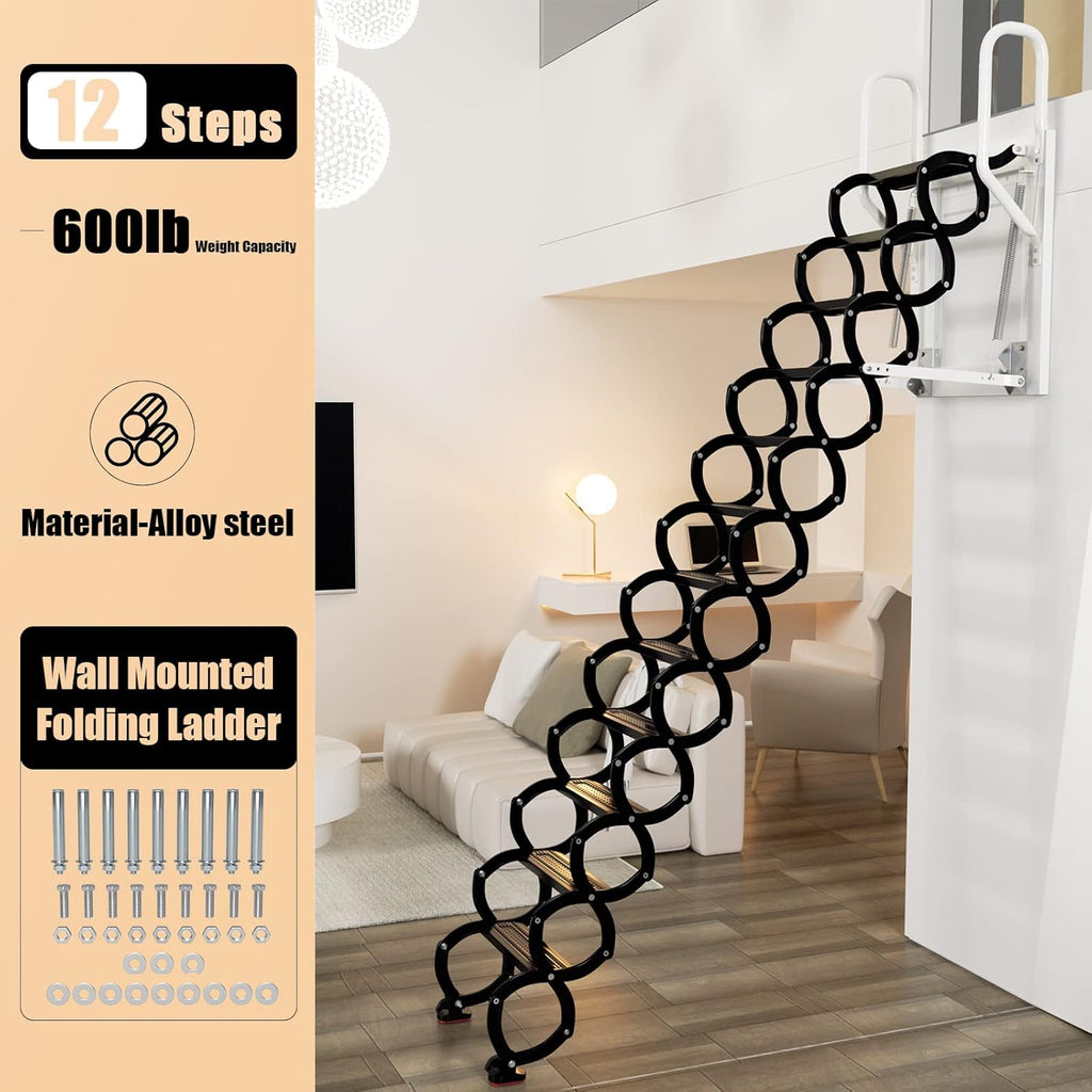 Wall Mounted Folding Ladder, Black Loft Attic Stairs E99308