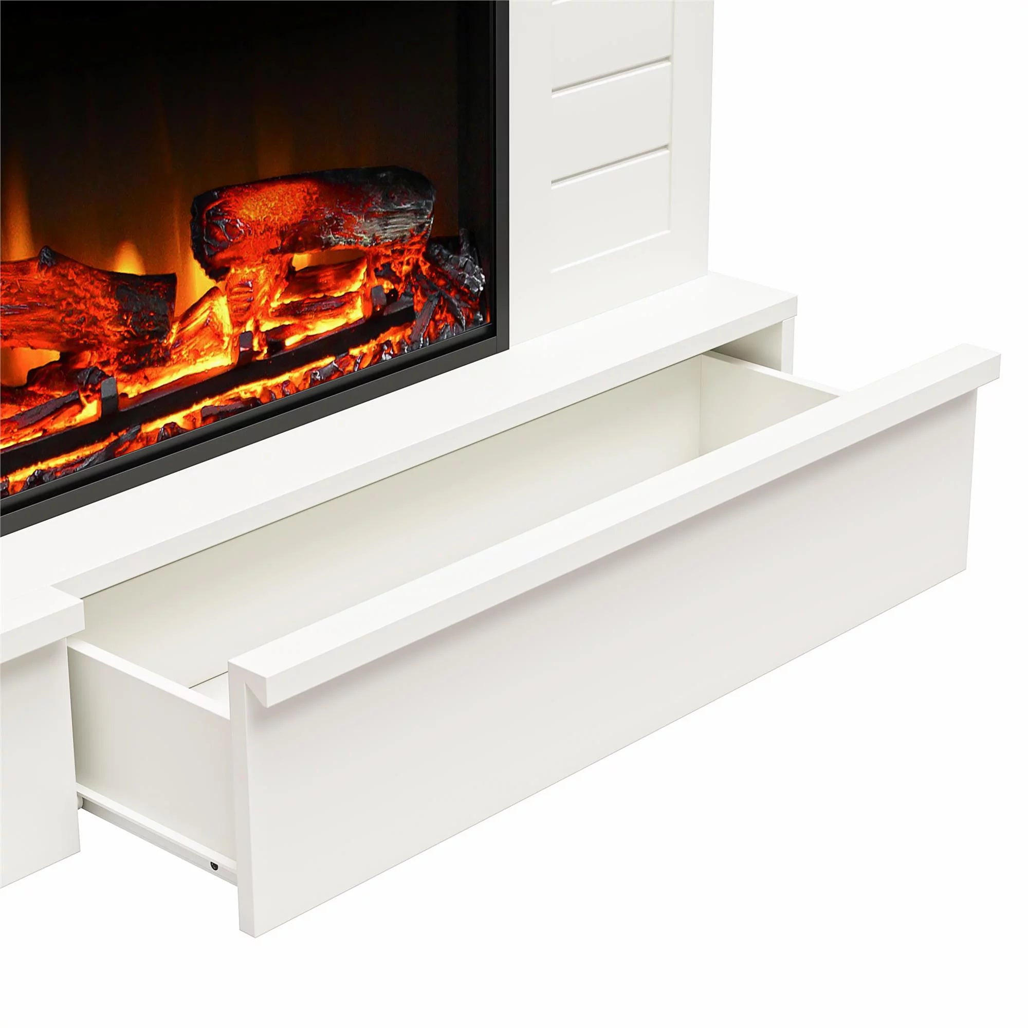 White Shiplap Mantel with Electric Fireplace and Storage Drawers J37651