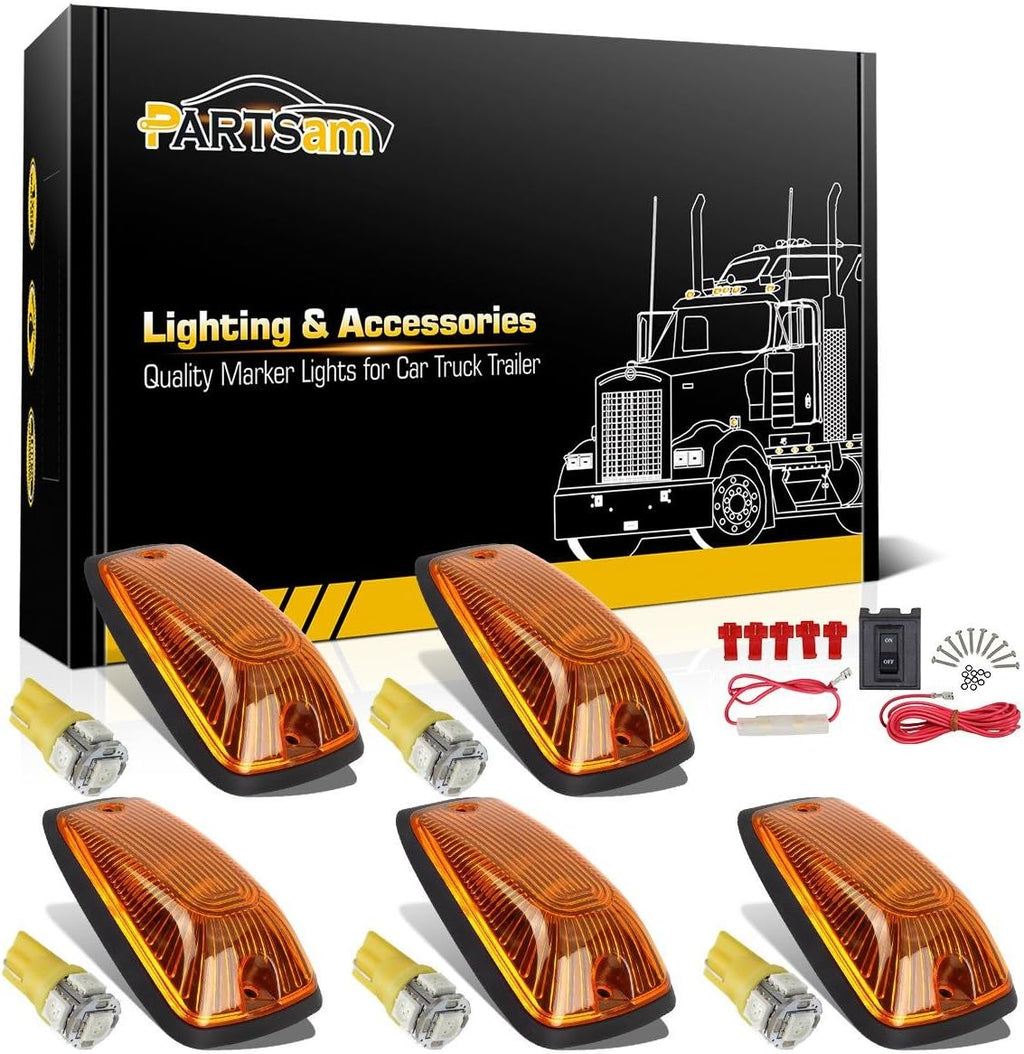 Partsam 5X 264159AM 5-5050-SMD T10 194 Amber LED Cab Marker Roof Running Lights + Wiring Pack Compatible with C1500 C2500 C3500 K1500 K2500 K3500 1988-2002 Pickup Trucks