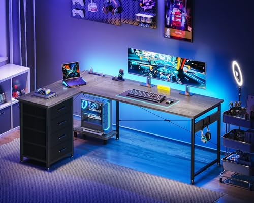 L Shaped Desk with 4 Tier Drawers, Power Outlets & USB, Corner Computer Desk with CPU Stand U4256