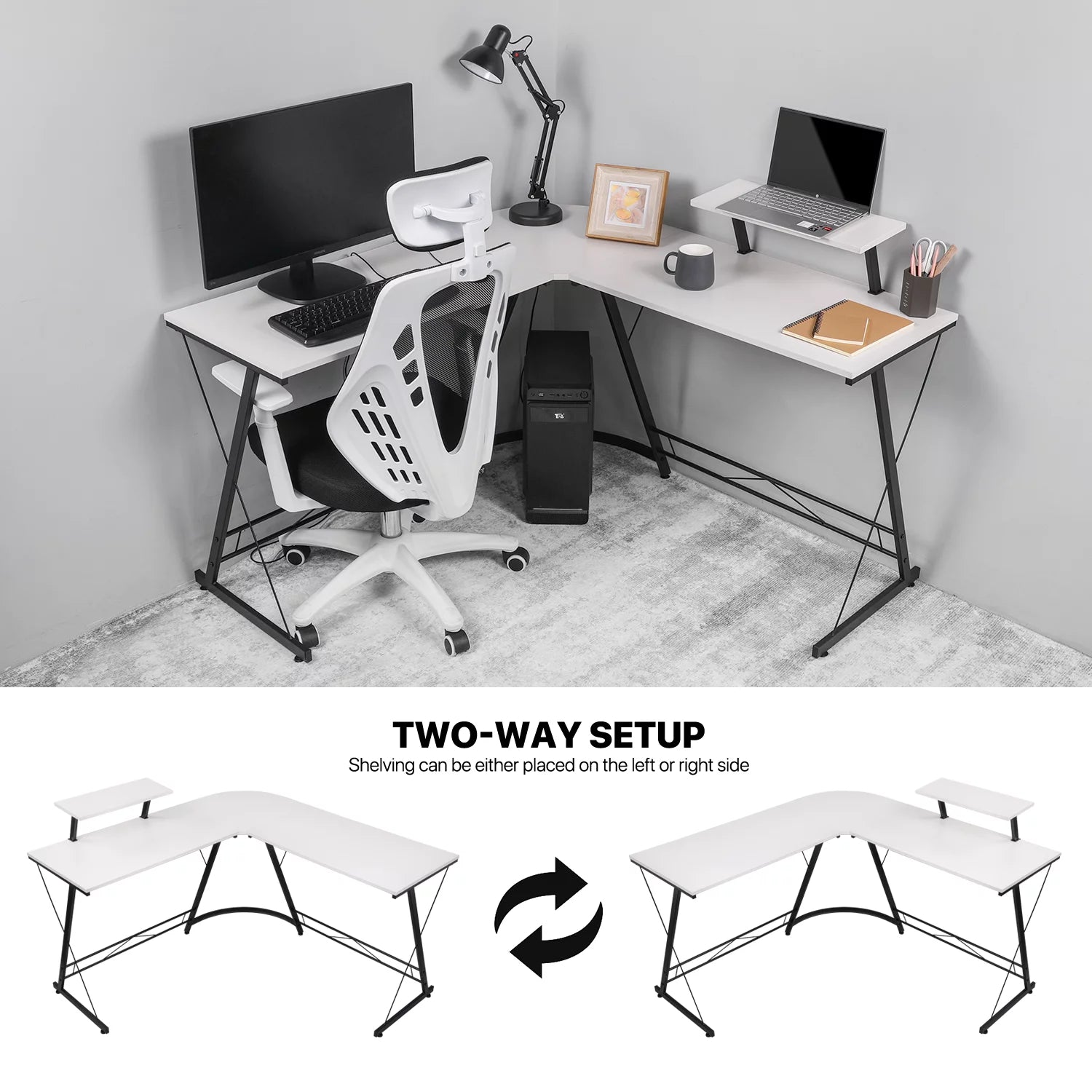 L Shaped Corner Gaming Desk with Monitor Stand for Home Office O60117
