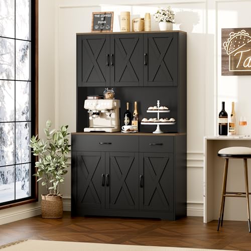 71" Tall Pantry Cabinet with Charging Station and Microwave Stand L63097
