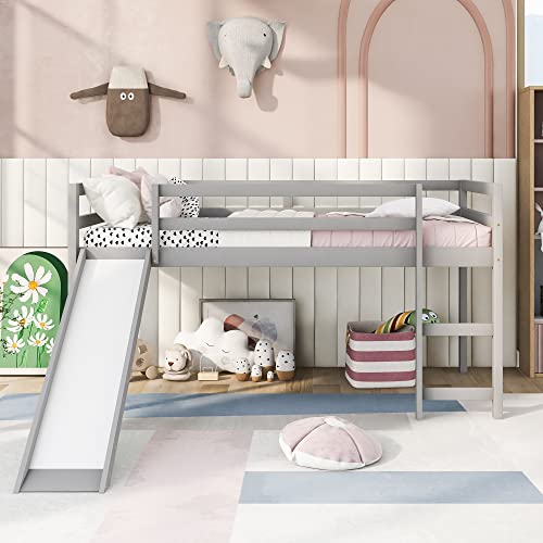 Wood House Loft Bed Frame with Slide and Storage Shelves Z806