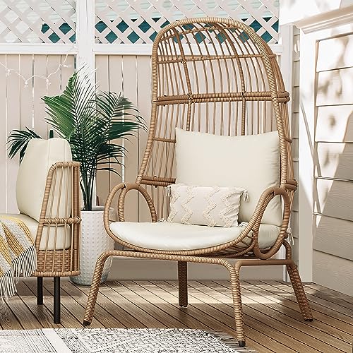 Outdoor Egg Chair with Stand and Cushion, Patio Rattan Basket Chair, Beige F352720