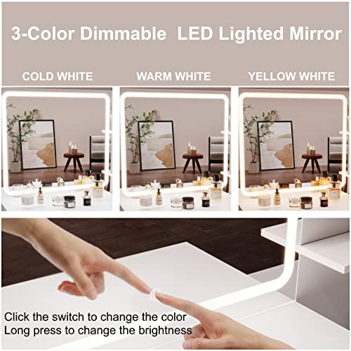 Makeup Vanity with 3-Color Dimmable Lighted Mirror, Side Storage Shelf & 4 Drawers E6505