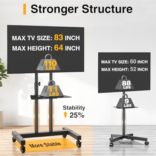 Rolling TV Stand for 32-83 inch TVs, Height Adjustable with Wheels and Laptop Shelf I27401