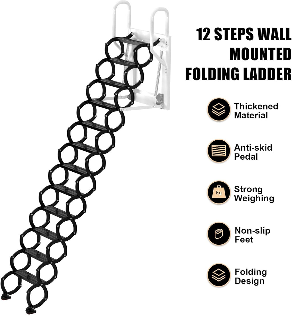 Wall Mounted Folding Ladder, Black Loft Attic Stairs E99308