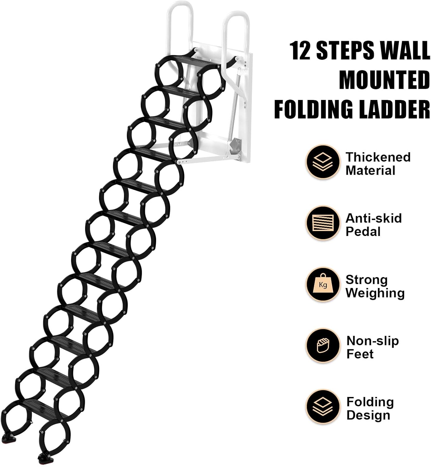 Wall Mounted Folding Ladder, Black Loft Attic Stairs E99308