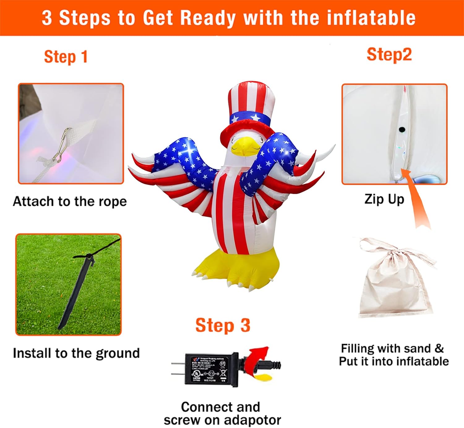 7.2FT Inflatable American Bald Eagle with Built-in LEDs for Outdoor Decor V263