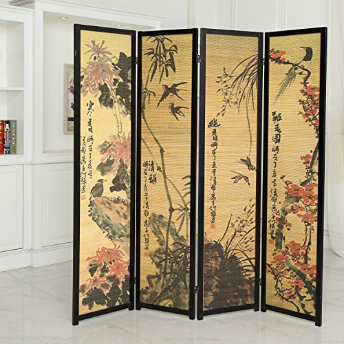4-Panel Folding Bamboo Room Divider with Cherry Blossom Scene B61114