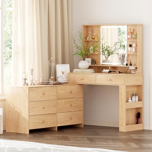 Large Makeup Vanity Desk with Mirror and Lights, 8 Drawers, Power Outlet B666