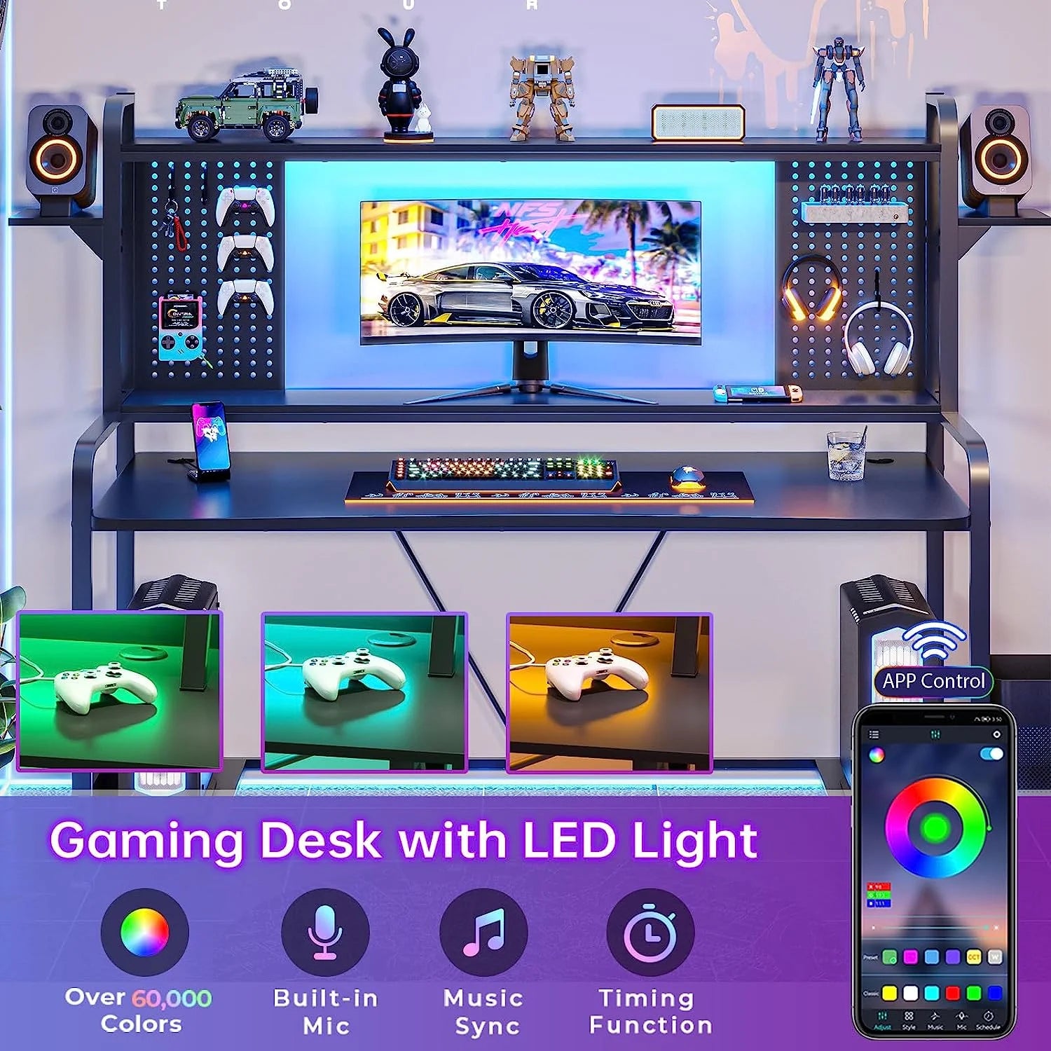 Gaming Desk with Hutch and Shelves, LED Lights, Monitor Shelf, Black B371