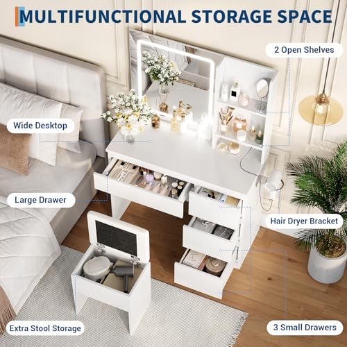 Vanity Desk with Mirror and Lights, 4 Drawers and Storage Stool D711