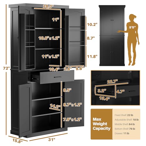 Kitchen Pantry Cabinet with 4 Doors and 1 Drawer, Freestanding Storage Cupboard L190261