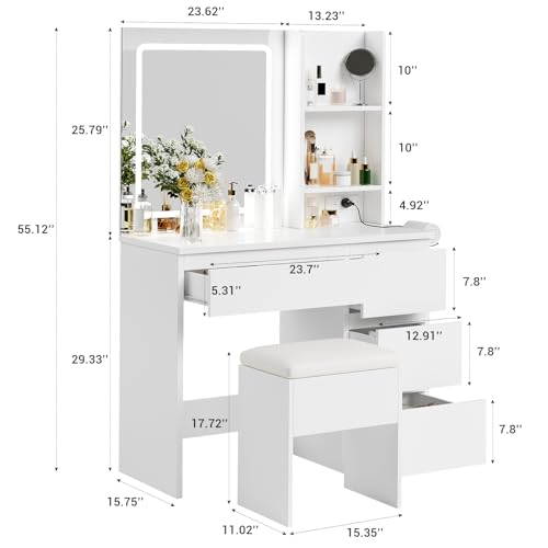 Vanity Desk with Mirror and Lights, 4 Drawers and Storage Stool D711