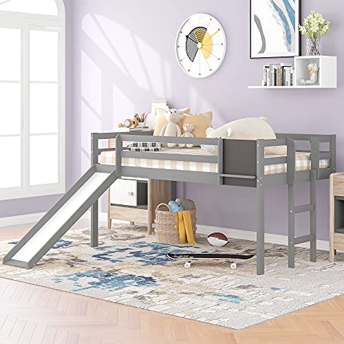 Wood House Loft Bed Frame with Slide and Storage Shelves Z806