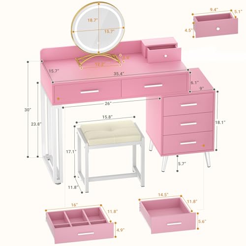 White Vanity Desk with Mirror and Lights, 6 Drawers and Stool Z334