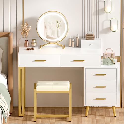 White Vanity Desk with Mirror and Lights, 6 Drawers and Stool Z334