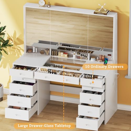 Vanity Desk with Mirror and Lights, 50" Makeup Vanity with Glass Top & Power Outlet F52929